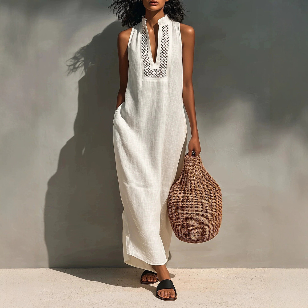 H&M White Sleeveless Cutout Long Loose Dress Summer Vacation